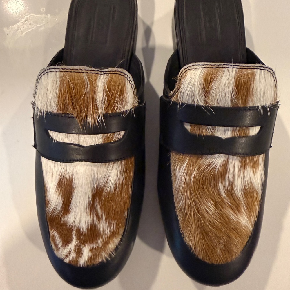 Urban Outfitters Black Leather Loafers with Brown & White Haircalf